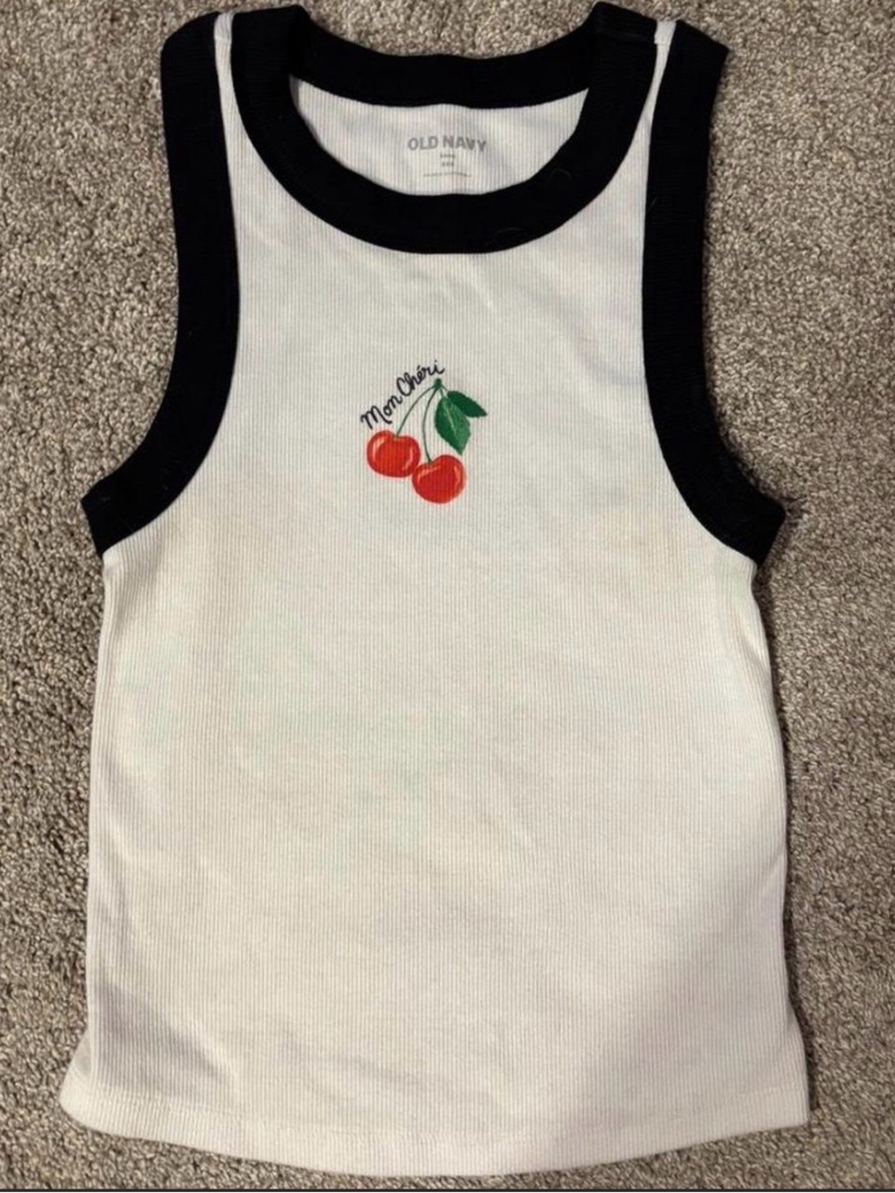 Old Navy White Tank with Black Trim and Cherry Motif